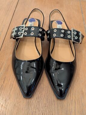 Steve Madden Black Patent Pointed Slingback Mules with Buckle Strap 8.5